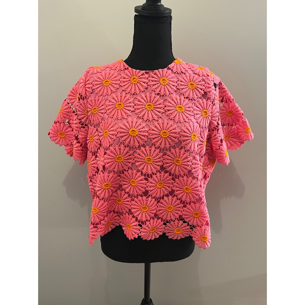 LoveWednesday Pink Daisy Lace Bow Back Top Short Sleeve Floral Blouse‎  L - Picture 3 of 10